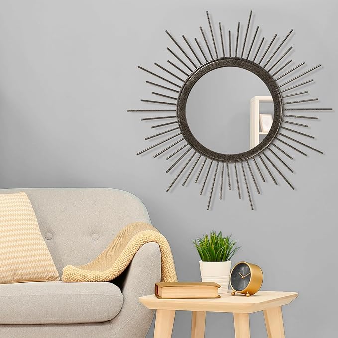 Large Sunburst Wall Mirror, Round Home Modern Metal Art Mirror for Bathroom Living Room Hallway Bedroom Balcony Farmhouse 24