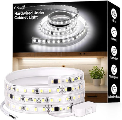 36inch Hardwired Under Cabinet Lighting for Kitchen, 6000K White Wired Undercounter Waterproof Led Strip Lights, Luces para Cocina Bajo Gabinete Under Shelf Lights