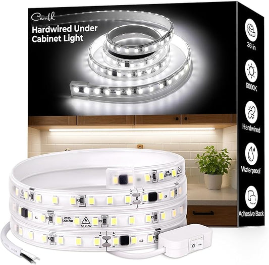 36inch Hardwired Under Cabinet Lighting for Kitchen, 6000K White Wired Undercounter Waterproof Led Strip Lights, Luces para Cocina Bajo Gabinete Under Shelf Lights