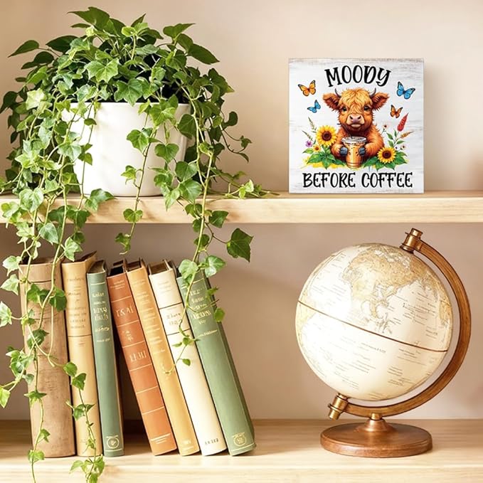 Moody Before Coffee Western Country Wood Block Plaque Box Sign for Home Living Room Coffee House Bar Shelf Table Office Decoration, Funny Highland Home Decor Gifts for Family Friends