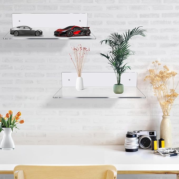 12 Inch L-Shaped Acrylic Floating Shelf Clear Wall Mounted Shelves Invisible 5MM Thick Shelf for Wall Storage Clear Shelves for Makeup Photo Picture Book Record Display 3 Pack