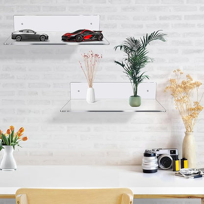 12 Inch L-Shaped Acrylic Floating Shelf Clear Wall Mounted Shelves Invisible 5MM Thick Shelf for Wall Storage Clear Shelves for Makeup Photo Picture Book Record Display 4 Pack