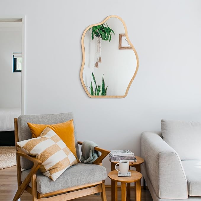Wall Mirror Irregular Cloud Mirror Modern Wood Frame Mirror Unique Shape Asymmetrical Wall Vanity Artistic Mirror Decor for Bedroom Bathroom Entryway Hallway Living Room Large