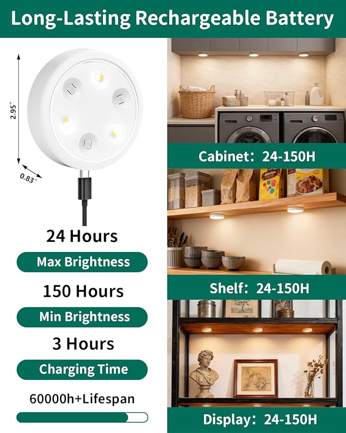 4-Pack Puck Lights with Remote, 1800mAh Rechargeable Under Cabinet Lighting, 3 Color Temps & 7 RGB Colors, Long-Lasting Dimmable Stick-On Lights for Cabinet, Kitchen, Shelf, Party