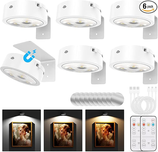 Picture Lights for Wall, Rechargeable Battery Operated Wireless Magnetic Painting Lights with Remote Dimmable and Timer, Wall Decor Lights with 3 Lighting Modes for Art Display (White, 6Pack)