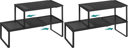SONGMICS Set of 2 Expandable Pantry Kitchen Organizers, Adjustable Spice Rack, Stackable Cabinet Organizers, Metal, Space-Saving Tabletop Shelves, Matte Black UKCS402B01 (Pack of 2)