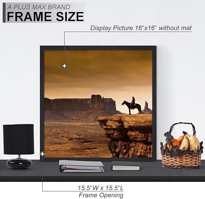 A PLUS MAX Square 16x16 Frame, Black Engineered Wood Picture Frame for 16 x 16 Picture Poster Photo, Light Weight 16 by 16 Frame with Wood-grain for Wall - 1 Pack/Black/16 x16