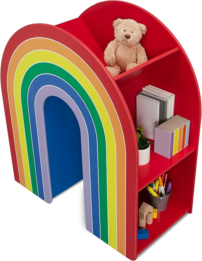Delta Children Rainbow Bookcase – Greenguard Gold Certified Kids Bookshelf and Toy Storage, Montessori Bookcase for Playroom, Nursery and Classroom, Colorful Kids Book Shelf, Natural Finish