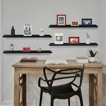 Long Floating Shelves 36 Inches Set of 4,Wood Picture Shelf for Wall with Ledge,Photo Frames Display Shelves Wall Mounted for Living Room Bedroom Kids Nursery,Home Decor (Rustic Black, 36")