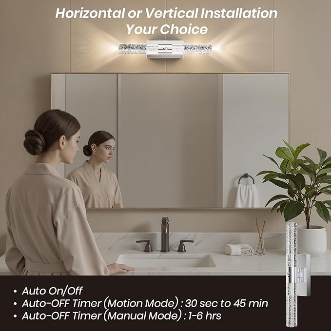 Motion Sensor Wall Sconces Battery Operated, Rechargeable Wall Sconce, 3CCT Battery Wall Sconce, 12000mAh Dimmable with Remote for Bedroom, Living room, Hallway Decor (15.3 inch – Chrome - 1 Pack)