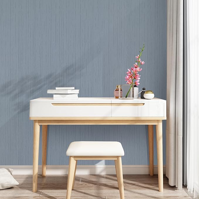 Grasscloth Peel and Stick Wallpaper Grey Blue 15.74" X 118.11" Fabric Textured Self-Adhesive Contact Paper Removable Vinyl Wall Paper Grass Cloth Linen Wallpapers for Bathroom Bedroom Cabinets Desk