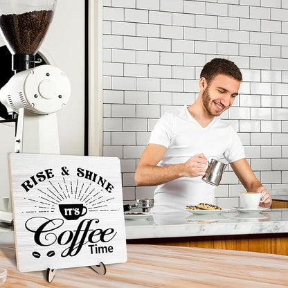 Vintage Coffee Bar Wooden Plaque Desk Sign, Farmhouse Wood Plaque Tabletop Decor for Cafe Bar Kitchen Office,Coffee Station Accessories 5.9x5.9Inch(Coffee- White02)