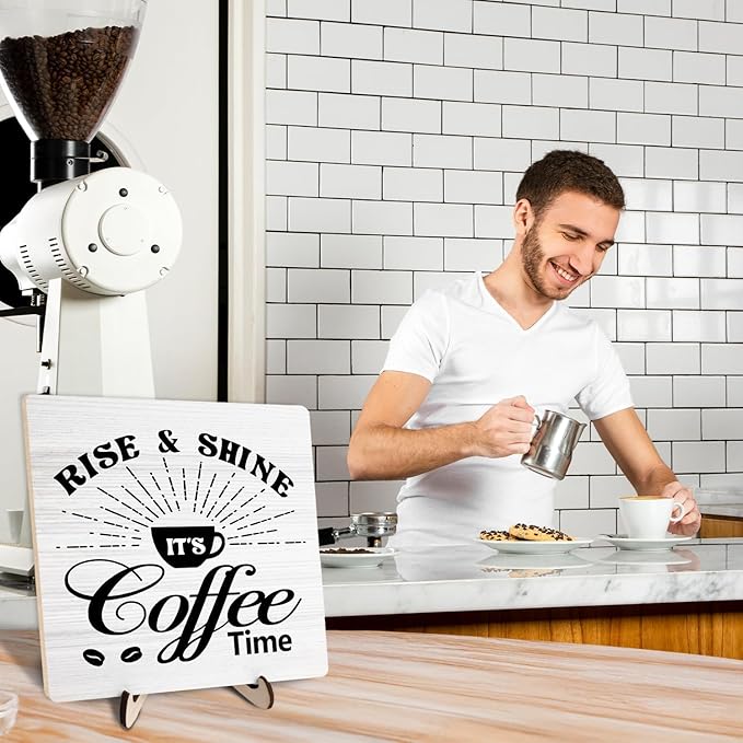 Vintage Coffee Bar Wooden Plaque Desk Sign, Farmhouse Wood Plaque Tabletop Decor for Cafe Bar Kitchen Office,Coffee Station Accessories 5.9x5.9Inch(Coffee- White02)