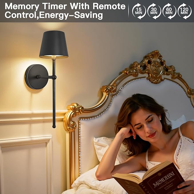 Battery Operated Wall Sconces Set of 2, Wireless Wall Sconce with Remote Dimmable Timer, Rechargeable 5200mAh, Cordless Wall Light for Bedroom Living Room, Hallway, Light Decor