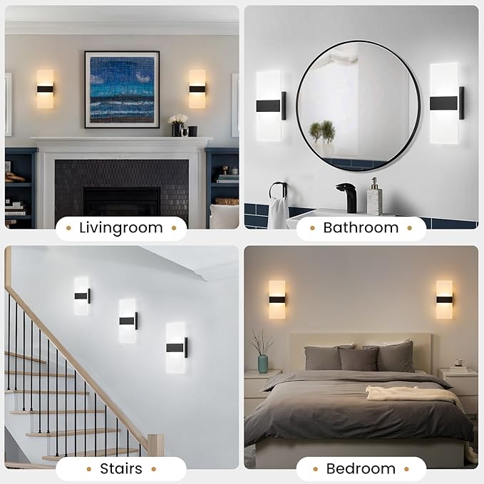 Modern LED Wall Sconce, 5CCT Dimmable Black Wall Lights, 12W 800LM 2700K-5000K Adjustable, Hardwired Indoor Up and Down Acrylic Wall Light Lighting for Living Room Bedroom Hallway, ETL