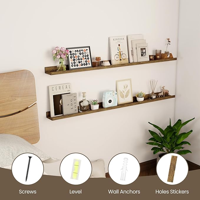 Axeman 48 Inch Floating Shelves | Picture Ledge Shelf Set of 2 | Rustic Brown Wall Shelves with Lip | Brown Picture Shelf for Wall with Ledge | Photo Ledges 48 Inch