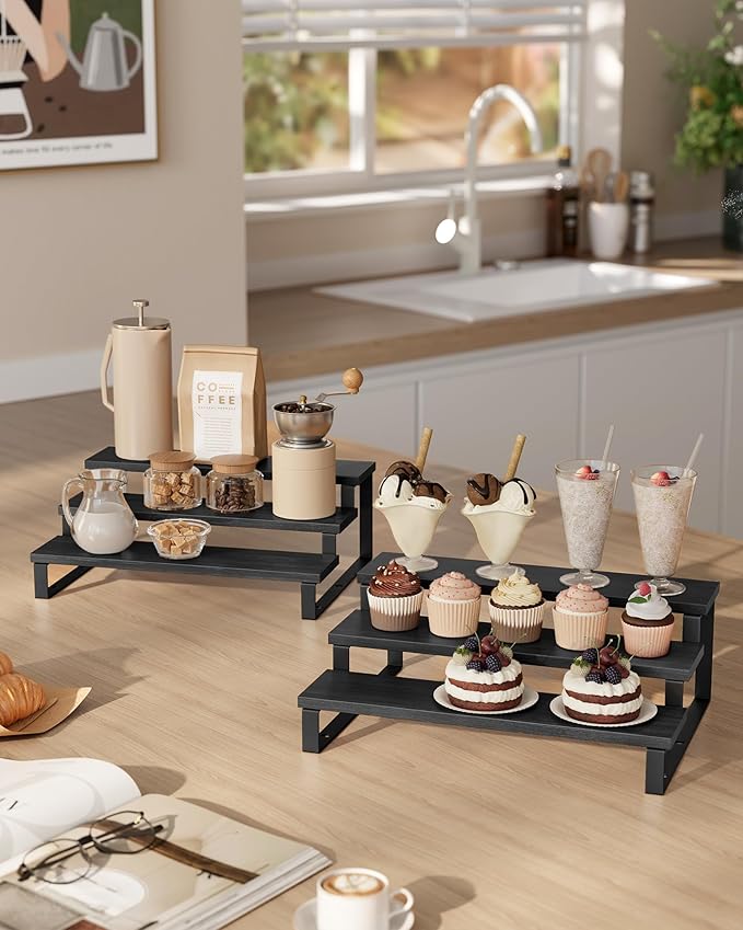 SONGMICS Display Risers, Set of 2 Engineered Wood Perfume Organizer Stand, 3-Tier Cupcake Stand Holder, Spice Rack, Shelf Risers for Figures, Dessert Shelves, Ebony Black and Ink Black UKCS116B01