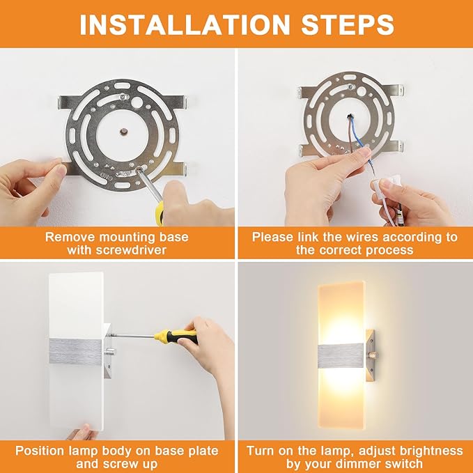 LIGHTESS Dimmable Wall Sconce Set of 2 with Dimmer Switch, Modern LED Wall Lamp 12W for Hallway Bedroom Living Room, Warm White, HS