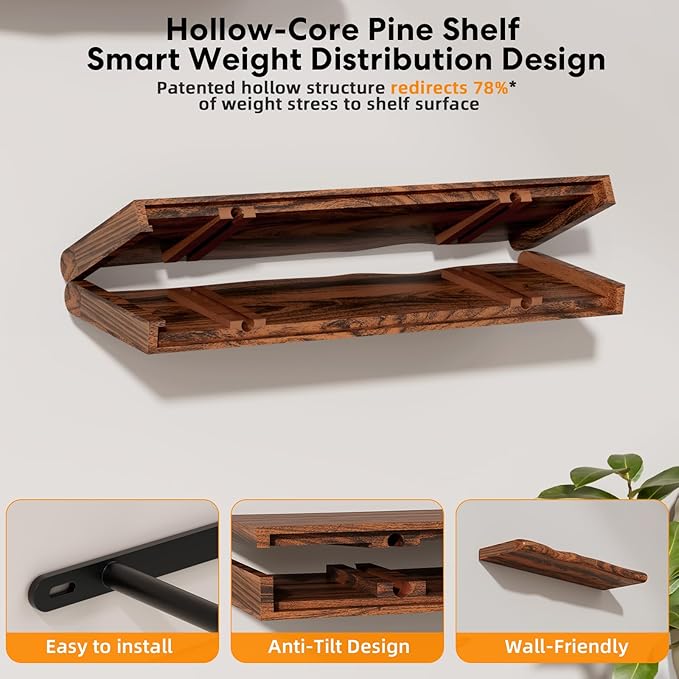 Floating Shelves for Wall Rustic Farmhouse 24 Inch Floating Shelf Wooden Shelves for Wall Mounted Live Edge Pine Shelf with Unique Natural Grain for Living Room Bedroom Kitchen (Golden Oak Finish)
