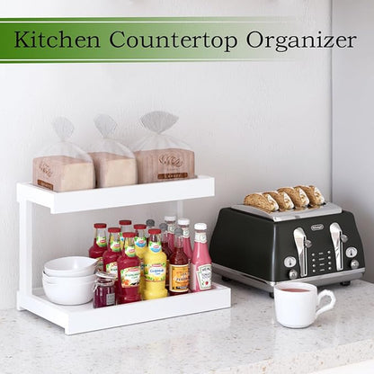 MARTY 2 Tier Spice Rack Organizer for Countertop, 15.8''L White Coffee Station/Bathroom Organizer Countertop, Counter Shelf Desktop Storage Organizer for Kitchen, Bedroom, Office