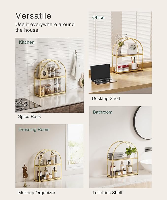 Crofy Gold Arched Frame Wall Shelf, Decorative 2 Tier Bathroom Wall Shelf with Walnut Finish Shelves and Robust Storage Capacity, 6