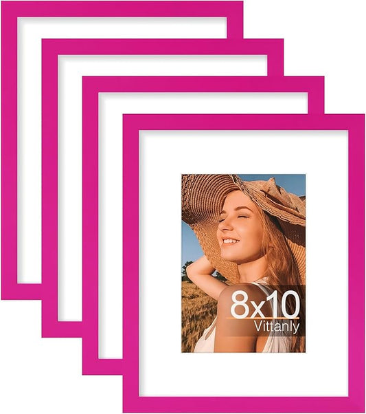 Vittanly 8x10 Picture Frames Set of 4, Display Pictures 5x7 with Mat or 8x10 without Mat, Gallery Wall Frame Set for Wall or Tabletop, Engineered Wood with Shatter Resistant Plexiglass, Rose Red