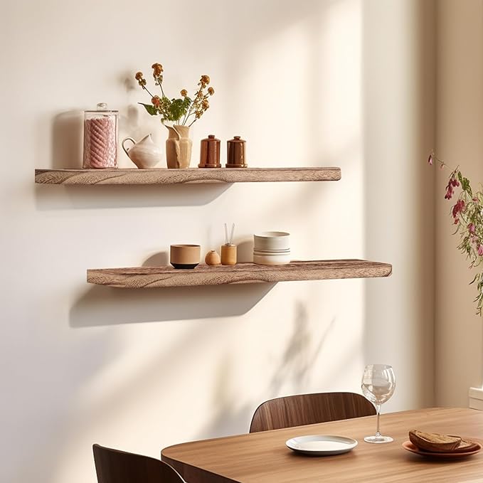 Floating Shelves 36 Inches Long, Set of 2 Solid Rustic Wood Wall Mounted Shelves, Wall Picture Ledge Shelf with Invisible Metal Brackets for Living Room, Bedroom, Bathroom, Carbonized Black
