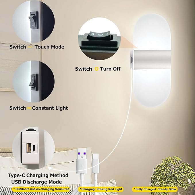 Modern Wall Sconces,2 PCS Acrylic LED Wall Lamp for Living Room Bedroom Hallway,Rechargeable USB Battery Operated,Adjustable Light,Bedside Lights,Touch Control Switch White Light(Arc-Shaped)