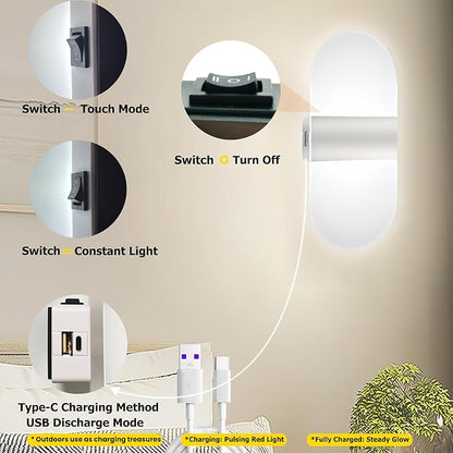 Modern Wall Sconces,2 PCS Acrylic LED Wall Lamp for Living Room Bedroom Hallway,Rechargeable USB Battery Operated,Adjustable Light,Bedside Lights,Touch Control Switch White Light(Arc-Shaped)