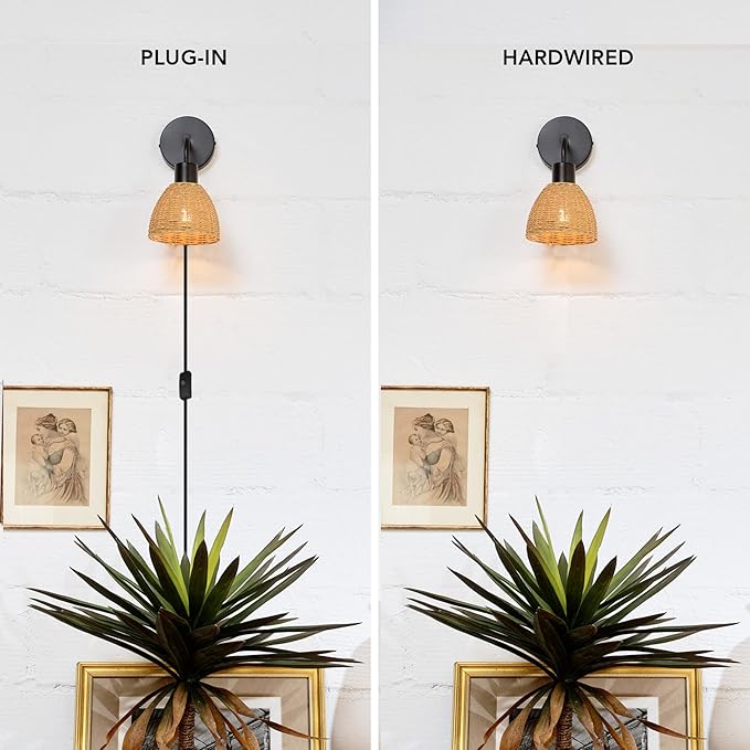 Globe Electric 65933 1-Light Plug-in or Hardwire Wall Sconce, Matte Black, Rattan Shade, 6ft Black Braided Fabric Designer Cord, in-Line On/Off Rocker Switch