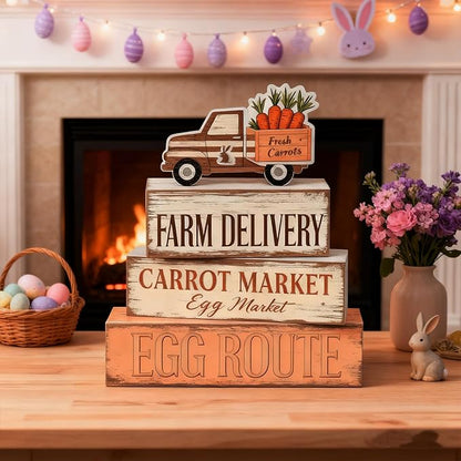 Easter Decorations - Farm Delivery Easter Truck Tiered Tray Decor - Wooden Farmhouse Easter Tabletop Sign with Carrots & Eggs - Rustic Spring Home Decor for Shelf Mantel Kitchen - Spring Home Decor for Living Room, Kitchen Counter