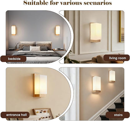 Modern Farmhouse Wall sconces 2-Piece Set Small Wood sconces White Frosted Textured Glass Wall Light Indoor Farmhouse Wall lamp for Bedroom Living Room and Hallway with E26 Base