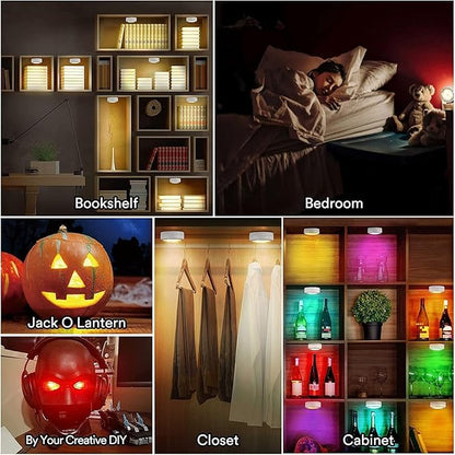 LED Puck Lights with Remote Battery Operated Under Cabinet Lighting Wireless Stick on Lights Color Changing Timer Tap Lights for Cabinets Shelves Closets Display Case - 6Pack Black