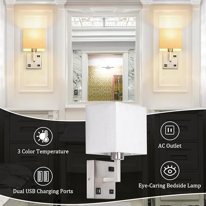 AVV Bedroom Sconces Set of 2, Wall Mounted Bedside Lamps with USB Port, AC Outlet and 3 Color Selectable 2700K/4000K/5000K, Wall Lamps for Bedroom Living Room Hotel, Hardwire, Nickel