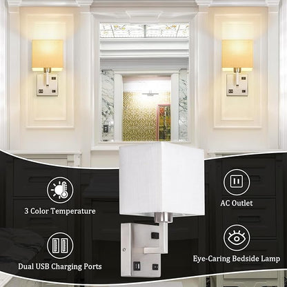 AVV Bedroom Sconces Set of 2, Wall Mounted Bedside Lamps with USB Port, AC Outlet and 3 Color Selectable 2700K/4000K/5000K, Wall Lamps for Bedroom Living Room Hotel, Hardwire, Nickel
