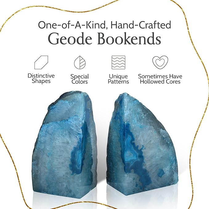 Nature's Decorations Agate Bookends - A Quality Teal Geode with Non-Skid Rubber Bumpers for Shelves, Office, Home Decor - Heavy Duty Cool Crystal Stone (3-4 LB)