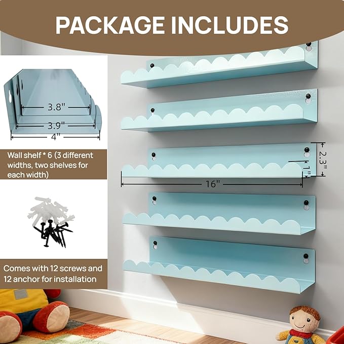 Nursery Book Shelves Set of 6, Blue Metal Floating Shelves for Wall, 16 Inch Scalloped Book Shelf for Kids Room, Bathroom, Bedroom, Playroom Wall Decor & Storage