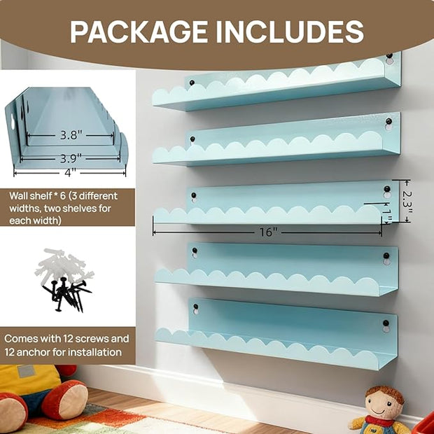 Nursery Book Shelves Set of 6, Blue Metal Floating Shelves for Wall, 16 Inch Scalloped Book Shelf for Kids Room, Bathroom, Bedroom, Playroom Wall Decor & Storage