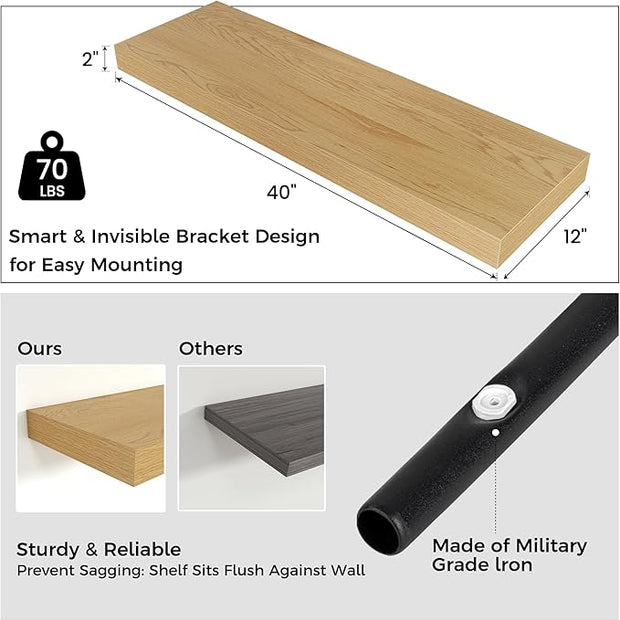 Floating Shelves for Wall, 40" W x 12" D x 2" H, 1 Pack of Long Wall Mounted Engineered Wood Shelves with Invisible Brackets for Living Room, Bedroom, Bathroom, Kitchen Decor, Oak