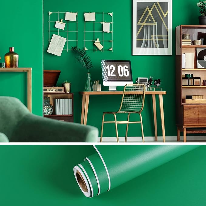 VEELIKE Thick Shamrock Green Peel and Stick Wallpaper Vintage Green Wallpaper for Bedroom Living Room Kitchen 24''x354'' Self Adhesive Removable Solid Color Vinyl Wrap Contact Paper for Cabinets Desk