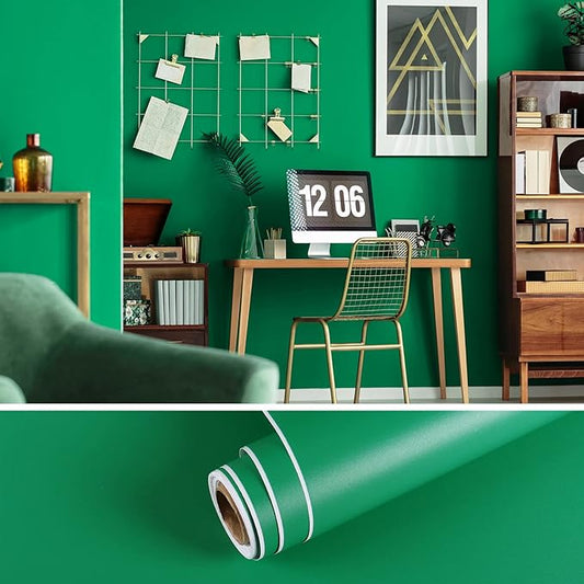 VEELIKE Thick Shamrock Green Peel and Stick Wallpaper Vintage Green Wallpaper for Bedroom Living Room Kitchen 24''x354'' Self Adhesive Removable Solid Color Vinyl Wrap Contact Paper for Cabinets Desk