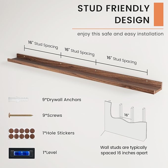 Picture Ledge Shelf, Floating Shelves Set of 2, 56 Inches Long Large Nursery Book Shelves for Toys Storage, Kids Bookshelf Wall Mounted for Living Room Bedroom Decor Books Photo Frames, Walnut