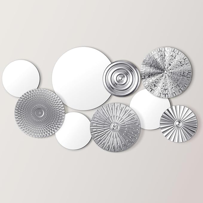 Blulu 9 Pcs Silver Mirror Wall Decor Metal Round Home Art Decor Decorative Modern Circle Mirror Wall Art Sculpture Hanging Decorations for Home Living Room Office