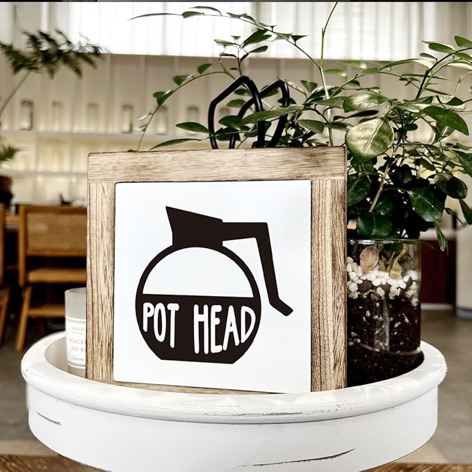 Coffee Pot Head Sign, Wooden Box Decor Set for Home, Decorative Table Sign, Farmhouse Wood Shelf Decoration, Rustic Kitchen and Bar Decor