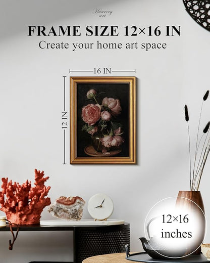 HUARCEY Framed Canvas Wall Art Prints, Bathroom Shelf Vintage Decor Aesthetic, Peony Floral Paintings Farmhouse Wall Decor, Retro Table Desk Decoration for Bedroom Living Room, 12x16Inch