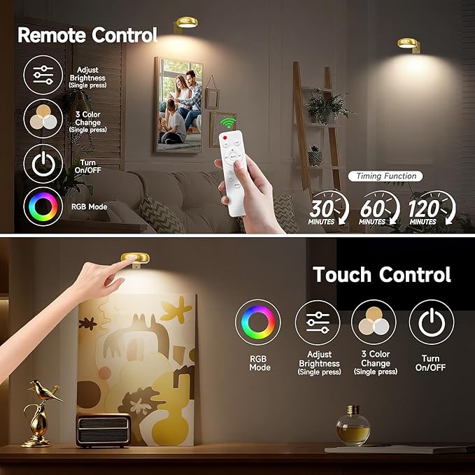 3 Pack Picture Light for Wall with 1200mAh Rechargeable Battery Operated Lights Remote Dimmable Timer Painting Light Magnetic 3 Adjustable Lighting RGB Modes Wall Decor Lights for Living(Gold)