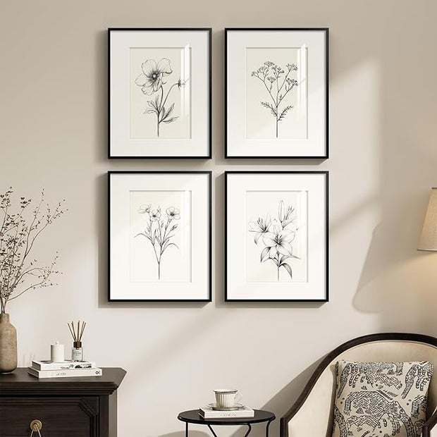 Framed Black and White Botanical Wall Art, Set of 4 Piece Vintage Minimalist Neutral Floral Prints Painting, Farmhouse Rustic Flower Artwork for Bedroom Living Room Fireplace Kitchen Walls, 11x14 Inch