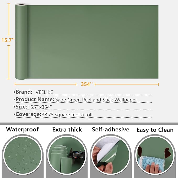 VEELIKE Vintage Sage Green Wallpaper Peel and Stick Thick Green Contact Paper for Cabinets Walls Countertops Waterproof 15.7''x354'' Green Removable Wallpaper for Bedroom Bathroom Kitchen Furniture