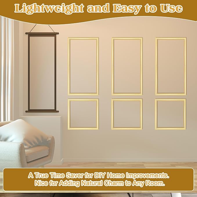 3 Set Gold White Peel and Stick Wall Molding Kit 6 Frame Premade Wainscoting Accent Panel Ready to Assemble 3D Wall Panels Trim for Interior Mirror Home Molding Decor, 54 x 24 Inch