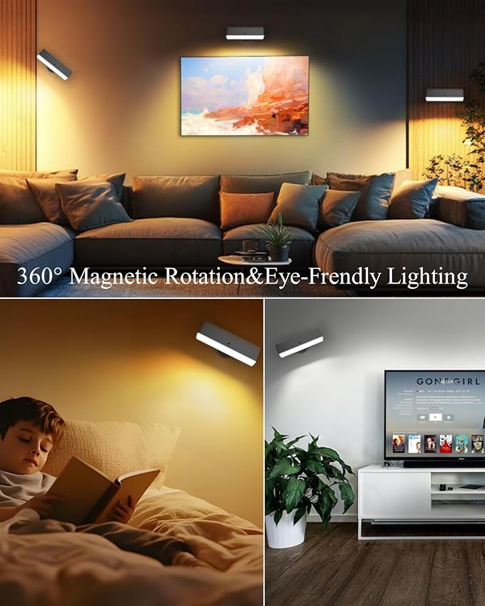 iThird Rechargeable Battery Operated Wall Sconce Set of 2: Wireless Black Wall Lights Battery Powered Magnetic 360° Rotation Cordless Scone Adhesive LED Wall Mount Lamp for Bedroom Reading Picture RV